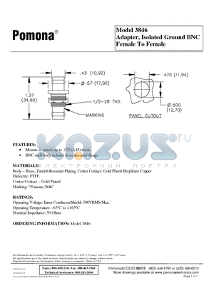 3846 datasheet - Adapter, Isolated Ground BNC Female To Female