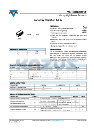 10BQ060TRPBF datasheet - Schottky Rectifier, 1.0 A