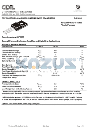 CJF6668 datasheet - PNP SILICON PLANAR DARLINGTON POWER TRANSISTOR