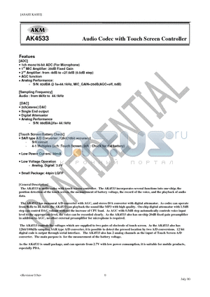 AK4533 datasheet - Audio Codec with Touch Screen Controller