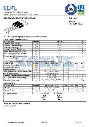 CJE13007A datasheet - NPN PLASTIC POWER TRANSISTOR