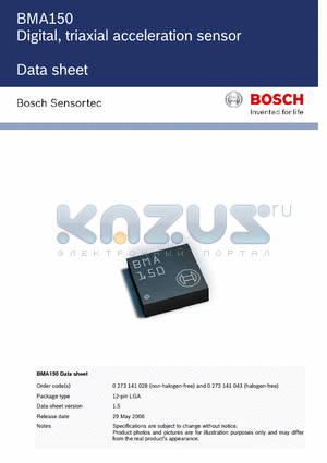 BMA150 datasheet - Digital, triaxial acceleration sensor