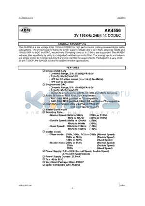 AK4556 datasheet - 3V 192kHz 24Bit DS CODEC