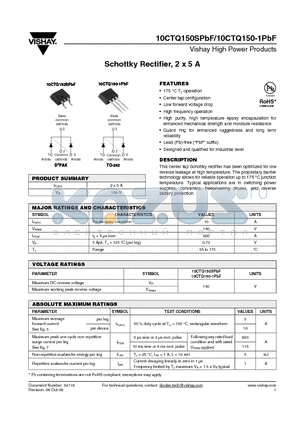 10CTQ150-1TRR datasheet - Schottky Rectifier, 2 x 5 A