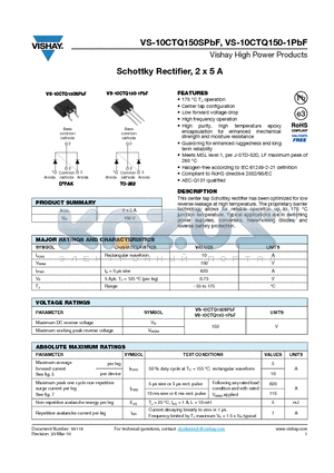 10CTQ150-1TRRPBF datasheet - Schottky Rectifier, 2 x 5 A