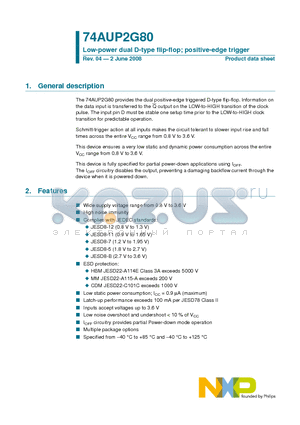 74AUP2G80_08 datasheet - Low-power dual D-type flip-flop; positive-edge trigger