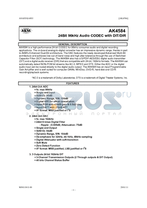 AK4584VQ datasheet - 24Bit 96kHz Audio CODEC with DIT/DIR