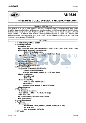 AK4636 datasheet - 16-Bit Mono CODEC with ALC & MIC/SPK/Video-AMP