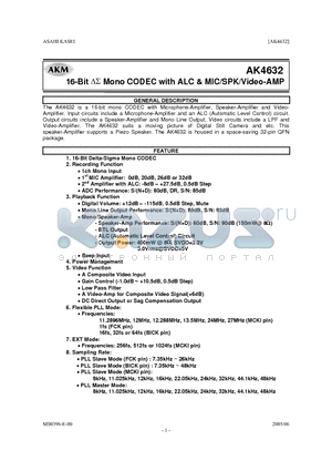 AK4632 datasheet - 16-Bit DS Mono CODEC with ALC & MIC/SPK/Video-AMP