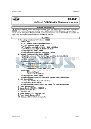 AK4641 datasheet - 16 BIT CODEC WITH BLUETOOTH INTERFACE