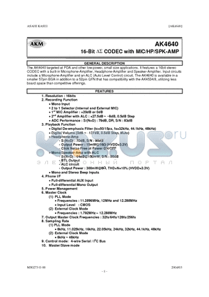 AK4640 datasheet - 16BIT CODEC WITH MIC /HP/SPK-AMPl