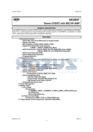 AK4647 datasheet - Stereo CODEC with MIC/HP-AMP