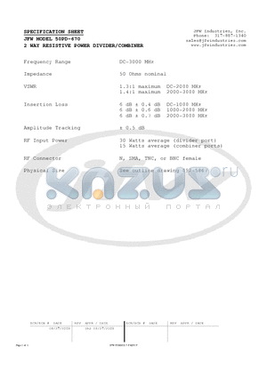 50PD-670 datasheet - 2 WAY RESISTIVE POWER DIVIDER/COMBINER