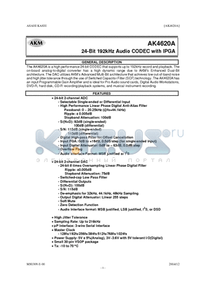 AK4620A datasheet - 24 BIT 192KHZ AUDIO CODEC WITH IPGA