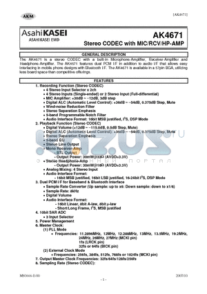 AK4671 datasheet - Stereo CODEC with MIC/RCV/HP-AMP