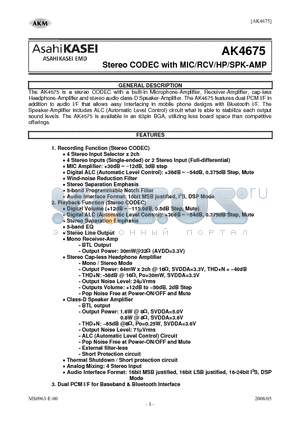 AK4675EG datasheet - Stereo CODEC with MIC/RCV/HP/SPK-AMP