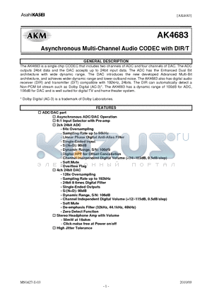 AK4683 datasheet - Asynchronous Multi-Channel Audio CODEC with DIR/T