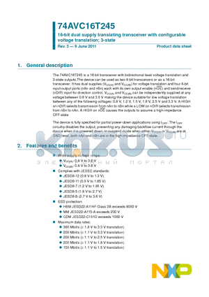 74AVC16T245 datasheet - 16-bit dual supply translating transceiver with configurable voltage translation; 3-state