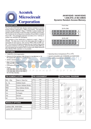 AK481024S datasheet - 1,048,576 x 8 Bit CMOS Dynamic Random Access Memory