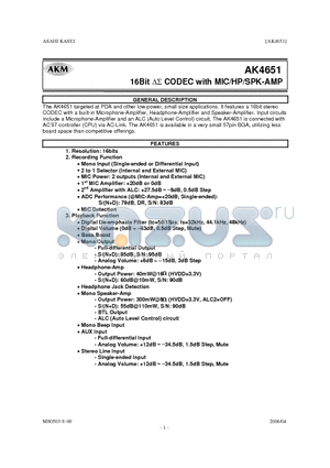 AK4651VG datasheet - 16Bit DS CODEC with MIC/HP/SPK-AMP