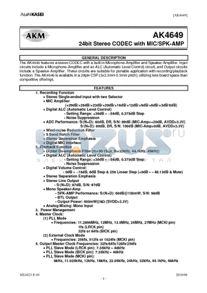 AK4649 datasheet - 24bit Stereo CODEC with MIC/SPK-AMP