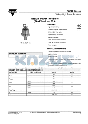 50RIA10 datasheet - Medium Power Thyristors (Stud Version), 50 A