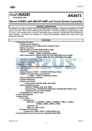 AK4673 datasheet - Stereo CODEC with MIC/HP-AMP and Touch Screen Controller