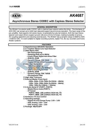 AK4687 datasheet - Asynchronous Stereo CODEC with Capless Stereo Selector