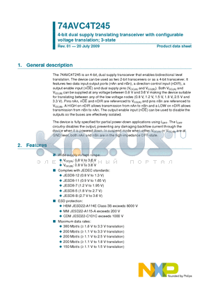 74AVC4T245 datasheet - 4-bit dual supply translating transceiver with configurable voltage translation; 3-state