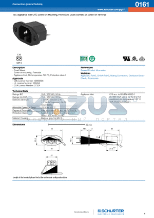 0161 datasheet - IEC Appliance Inlet C16, Screw-on Mounting, Front Side, Quick-connect or Screw-on Terminal