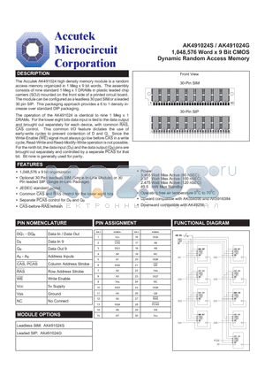 AK491024S datasheet - 1,048,576 Word x 9 Bit CMOS Dynamic Random Access Memory