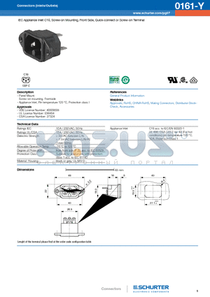 0161-Y-H-ABC0-D-EG datasheet - IEC Appliance Inlet C16, Screw-on Mounting, Front Side, Quick-connect or Screw-on Terminal