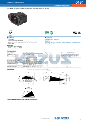 0164 datasheet - IEC Appliance Inlet C16, Screw-on Mounting, Front Side, Screw-on Terminal