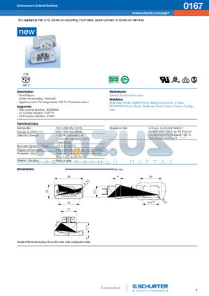 0167 datasheet - IEC Appliance Inlet C16, Screw-on Mounting, Front Side, Quick-connect or Screw-on Terminal