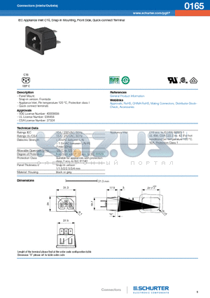 0165 datasheet - IEC Appliance Inlet C16, Snap-in Mounting, Front Side, Quick-connect Terminal
