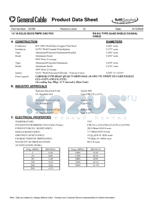 C5785 datasheet - 1C 18 SOLID BCCS FMPE OAS PVC RG 6/U TYPE QUAD SHIELD COAXIAL CABLE