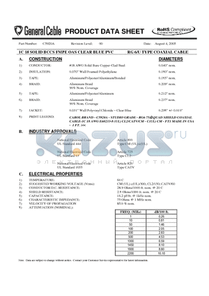 C5920A datasheet - 1C 18 SOLID BCCS FMPE OAS CLEAR BLUE PVC RG 6/U TYPE COAXIAL CABLE