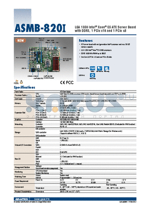 ASMB-820I datasheet - LGA 1356 Intel^ Xeon^ E5 ATX Server Board with DDR3, 1 PCIe x16 and 1 PCIe x8