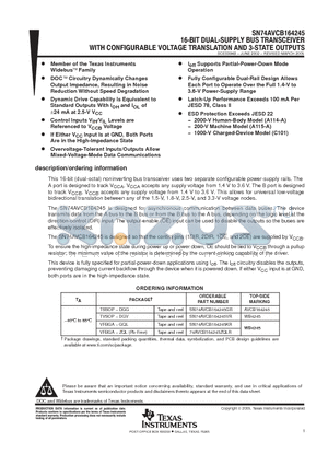 74AVCB164245ZQLR datasheet - 16-BIT DUAL-SUPPLY BUS TRANSCEIVER WITH CONFIGURABLE VOLTAGE TRANSLATION AND 3-STATE OUTPUTS