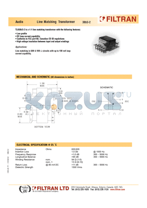 3853-2 datasheet - Audio Line Matching Transformer