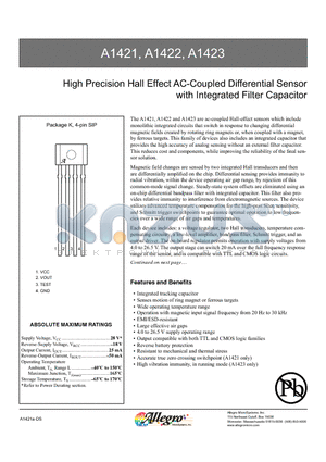 A1421 datasheet - High Precision Hall Effect AC-Coupled Differential Sensor with Integrated Filter Capacitor