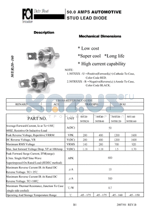 50T160 datasheet - 50.0 AMPS AUTOMOTIVE STUD LEAD DIODE High current capability