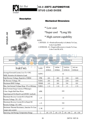 50T40 datasheet - 50.0 AMPS AUTOMOTIVE STUD LEAD DIODE High current capability