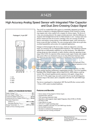 A1425 datasheet - High Accuracy Analog Speed Sensor with Integrated Filter Capacitor and Dual Zero-Crossing Output Signal