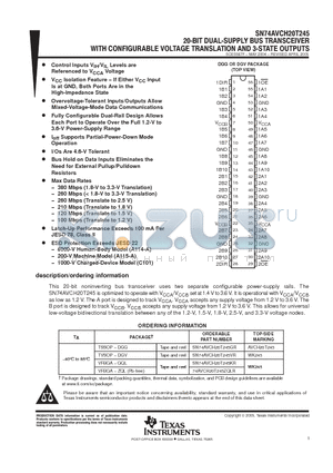 74AVCH20T245GRE4 datasheet - 20 BIT DUAL SUPPLY BUS TRANSCEIVER WITH CONFIGURABLE VOLTAGE TRANSLATION AND 3 STATE OUTPUTS