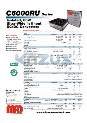 C6004RU datasheet - Isolated, 60W Ultra-Wide 4:1Input DC/DC Converters