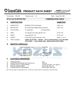 C6010A datasheet - 2P 22 7/30 TC SR-PVC PVC COMMUNICATION CABLE