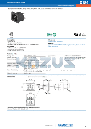 0184 datasheet - IEC Appliance Inlet C16A, Snap-in Mounting, Front Side, Quick-connect or Screw-on Terminal