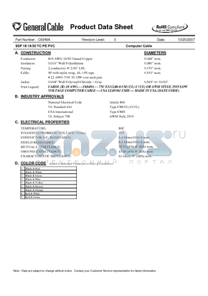 C6049A datasheet - 9SP 18 16/30 TC PE PVC Computer Cable