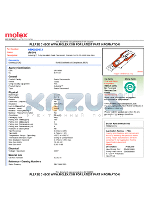 0190020013 datasheet - Avikrimp Fully Insulated Quick Disconnect, Female, for 18-22 AWG Wire, Box